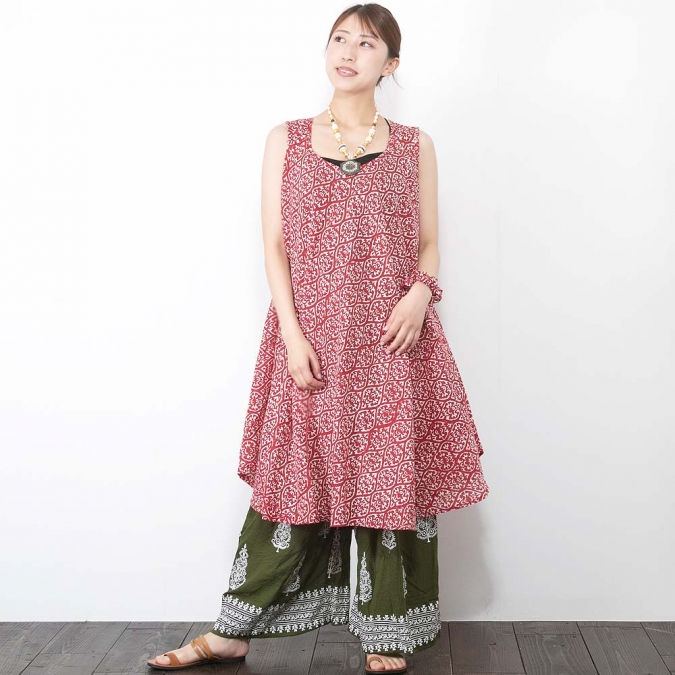 インド綿 ワンピース ブロックプリント サンガネール レディース 夏 ノースリーブ ラウンドヘム エスニック ナチュラル 涼しい 綿100％ 涼感