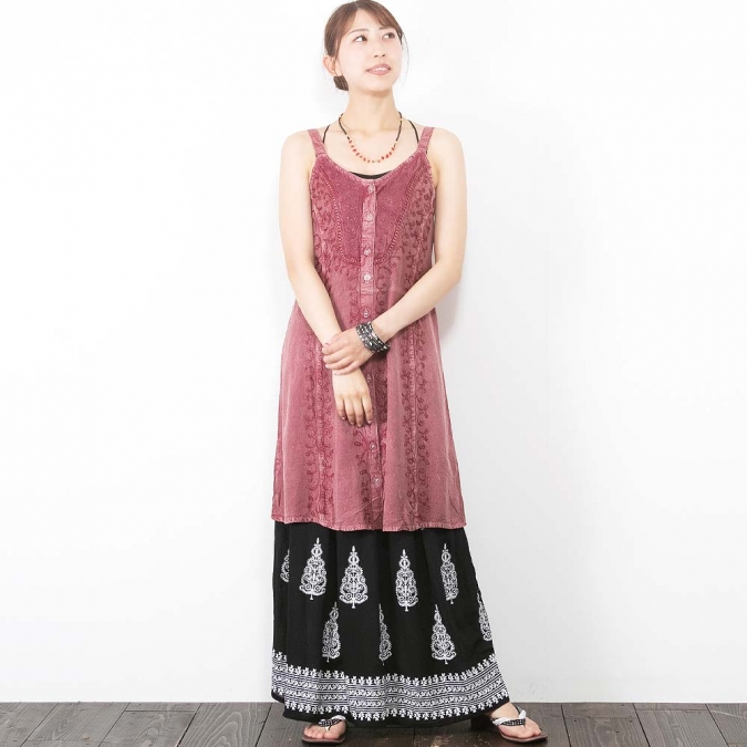 インド刺繍キャミソールチュニック ワンピース風 フロントボタン レーヨン素材 涼しい 涼感 エスニック レディース 夏コーデ