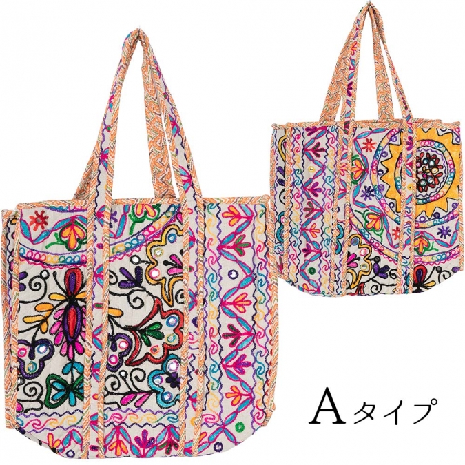 カシミール刺繍 トートバッグ 横45×縦38×マチ15cm ファスナー付き エスニック大判サイズ 1点もの ハンドメイド キルティングバッグ
