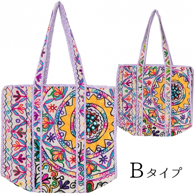 カシミール刺繍 トートバッグ 横45×縦38×マチ15cm ファスナー付き エスニック大判サイズ 1点もの ハンドメイド キルティングバッグ