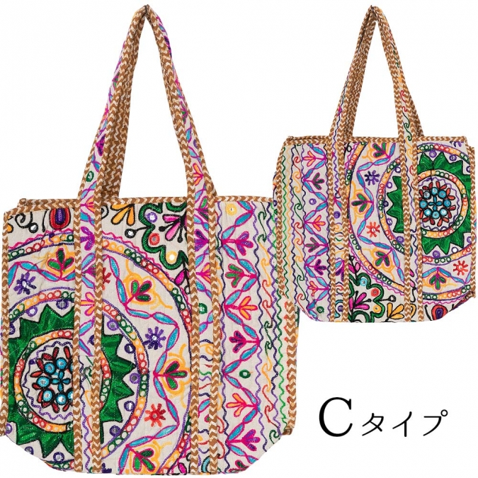 カシミール刺繍 トートバッグ 横45×縦38×マチ15cm ファスナー付き エスニック大判サイズ 1点もの ハンドメイド キルティングバッグ