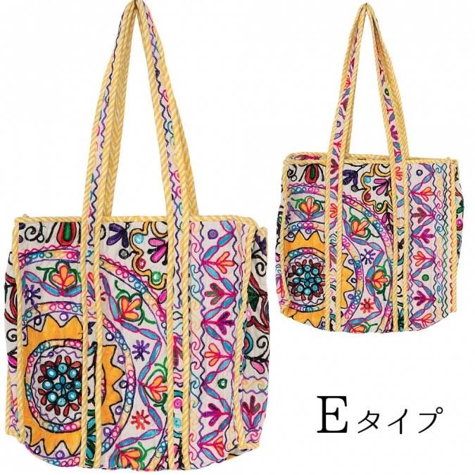 カシミール刺繍 トートバッグ 横45×縦38×マチ15cm ファスナー付き エスニック大判サイズ 1点もの ハンドメイド キルティングバッグ