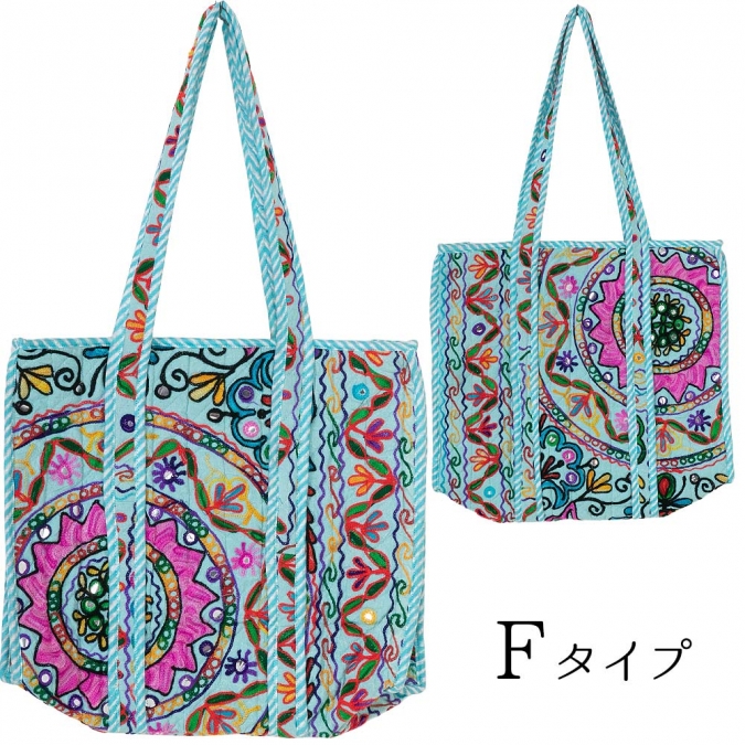 カシミール刺繍 トートバッグ 横45×縦38×マチ15cm ファスナー付き エスニック大判サイズ 1点もの ハンドメイド キルティングバッグ