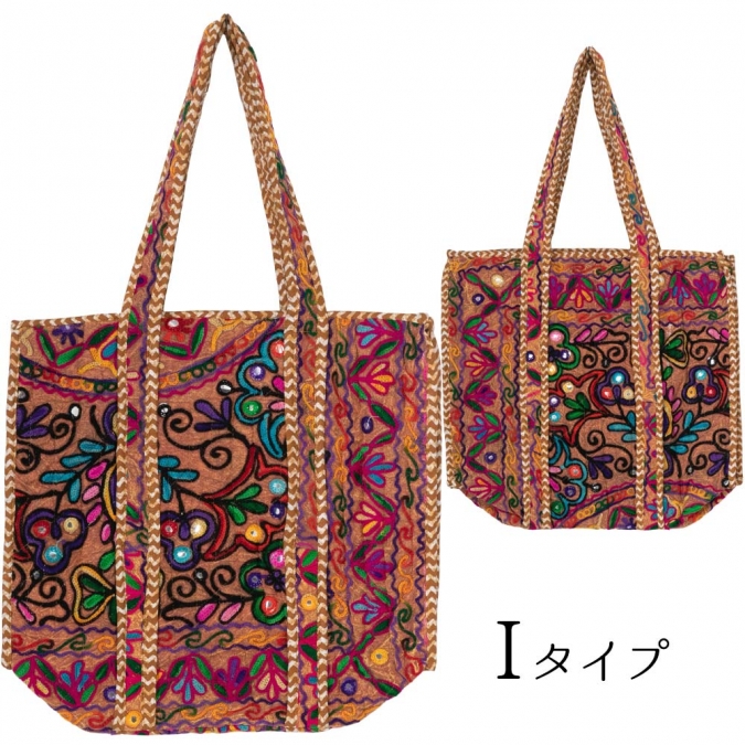 カシミール刺繍 トートバッグ 横45×縦38×マチ15cm ファスナー付き エスニック大判サイズ 1点もの ハンドメイド キルティングバッグ
